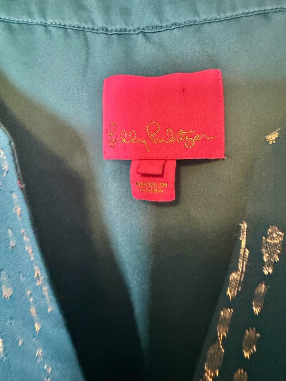 Lilly Pulitzer Elenora Silk Tunic Large Inky Tidal Fish Clip Teal Metallic Shift - Picture 4 of 8